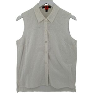 Jones New York Eyelet Front Blouse Medium White Button Front Collared Sleeveless